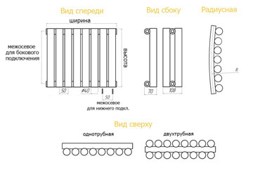 Трубчатый радиатор КЗТО Гармония А40 2-1000-10 нп двухтрубный 1034 мм высотой, 501 мм шириной, 10 секций, нижнее подключение